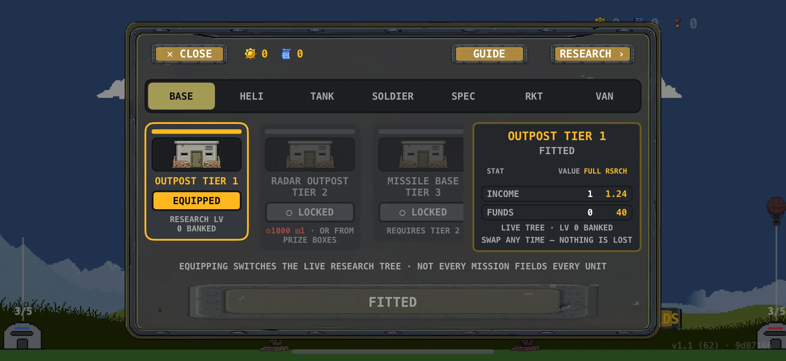 Hangar — unit marks and the live research tree