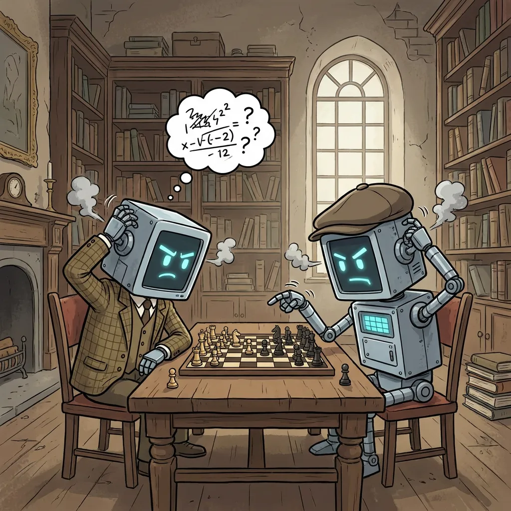 Two robots hunched over a chessboard in an old library, both steaming and scratching their heads.