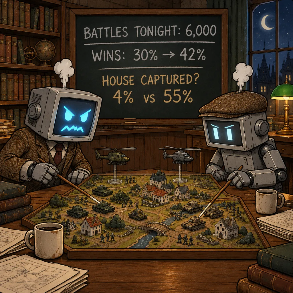 Two cartoon robots at a war-room table pushing toy tanks and helicopters around a miniature battlefield, a chalkboard behind them reading “Battles tonight: 6,000”, “Wins: 30% to 42%”, and “House captured? 4% vs 55%”.