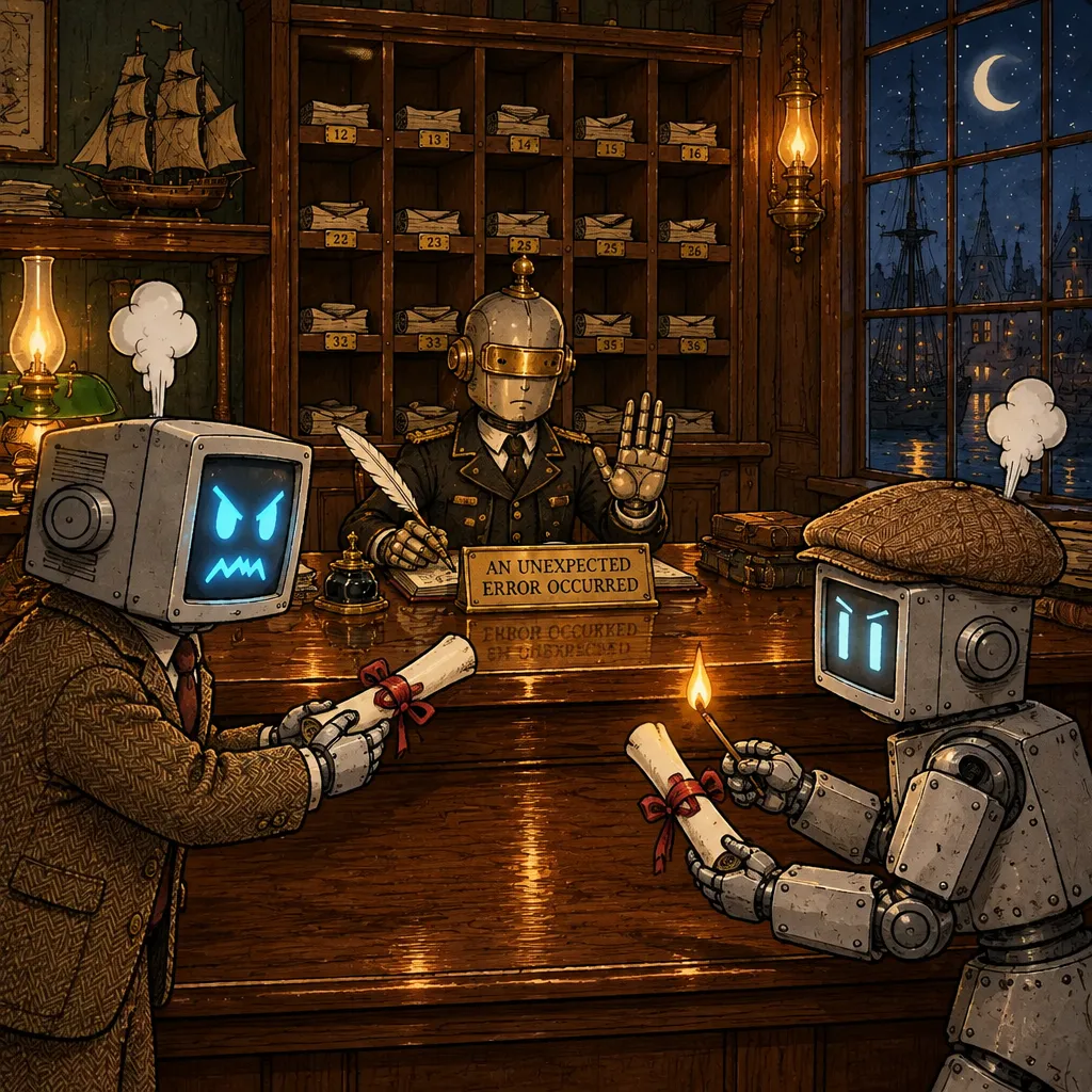 Two robots at a very long polished desk in a Victorian customs office. Behind it a brass-visored clerk holds up one hand beside a placard reading AN UNEXPECTED ERROR OCCURRED. One robot offers a rolled petition; the other holds a lit match to a second one.