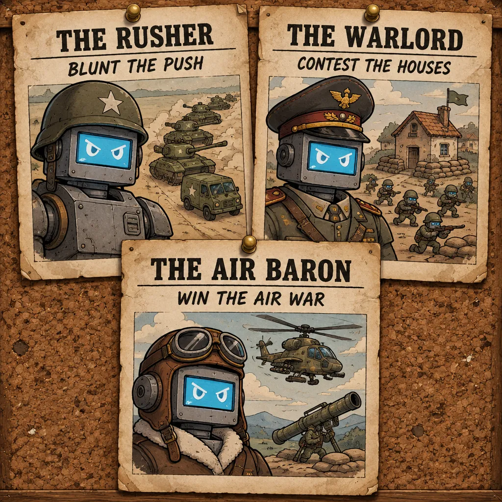 Three vintage wanted posters pinned to a cork board: The Rusher, a robot in a tanker’s helmet with tanks behind it; The Warlord, a robot in a general’s cap with infantry and a fortified house; The Air Baron, a robot in an aviator cap with a helicopter and an anti-air launcher.